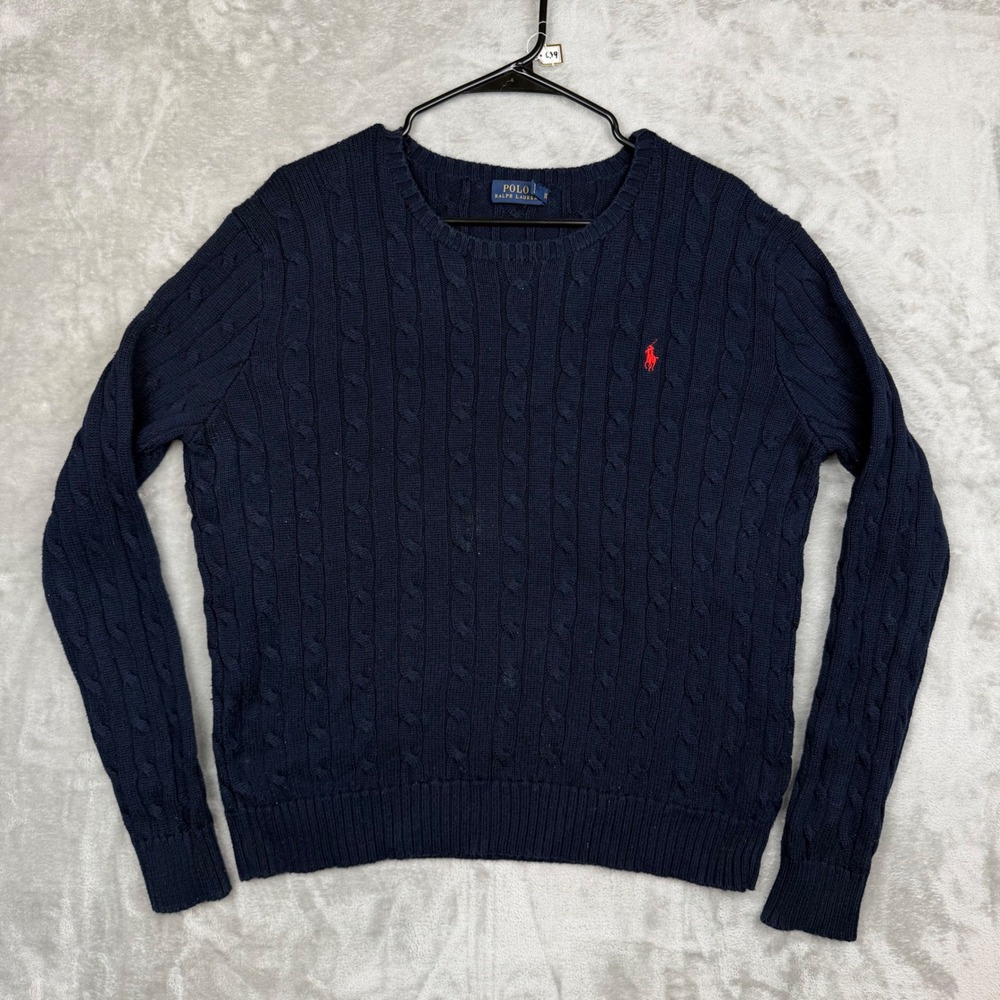 Polo Ralph Lauren Mens XL Navy Blue Cable Knit Cotton Crewneck Sweater Red Pony